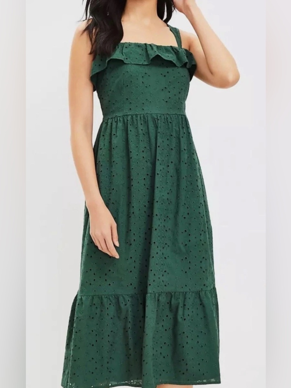 NWT LOFT Women’s Size 8 Green Eyelet Midi Dress Cold Shoulder Ruffle Sundress